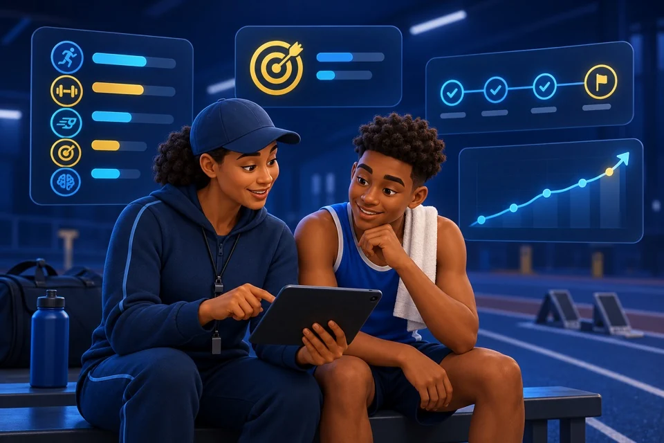 Coach and athlete reviewing a structured development report together