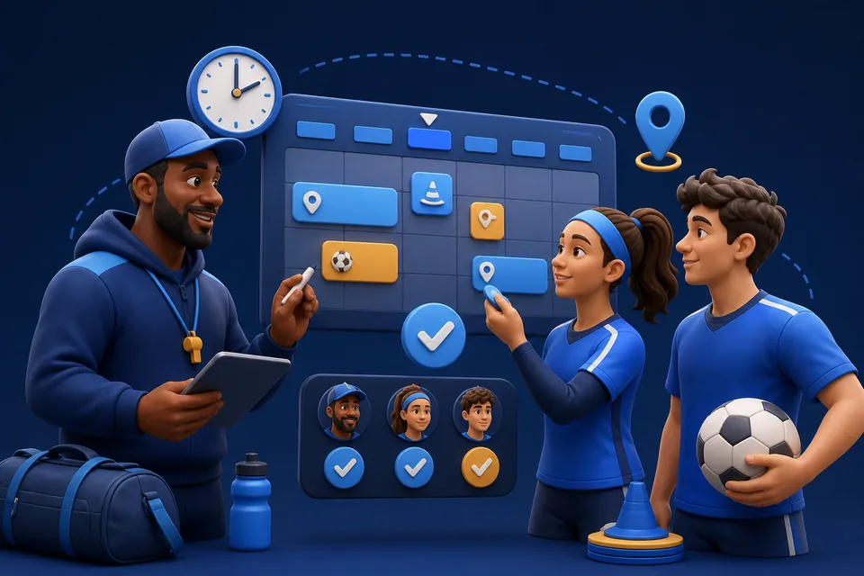 Coach and athletes coordinating schedules, locations, assignments, and attendance