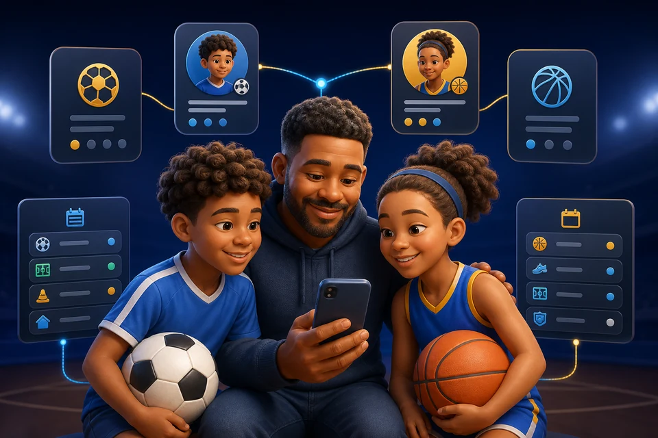 A guardian reviewing linked participant profiles and sports schedules with two young athletes