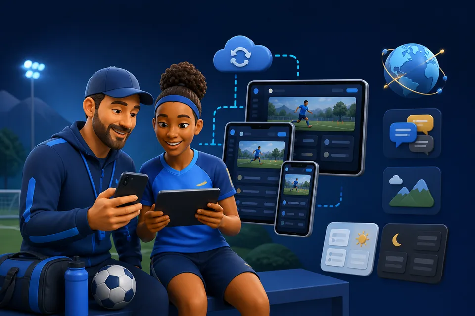 Coach and athlete using the platform across mobile, tablet, and desktop devices