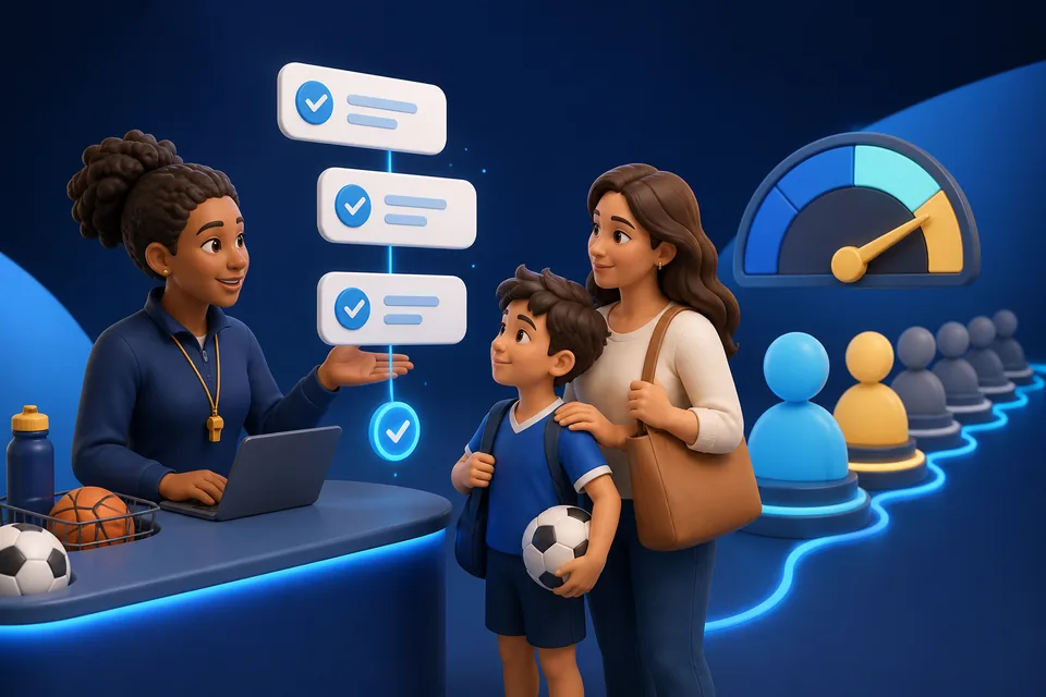 Family completing athlete registration while a coordinator manages capacity and the waitlist