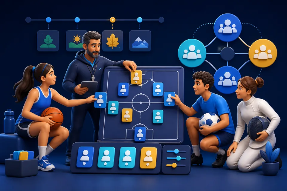 Coach and athletes organizing team rosters across sports and seasons