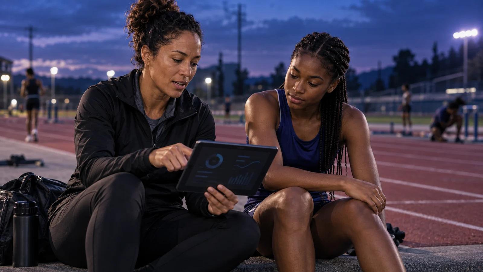 Track coach and teenage sprinter reviewing progress together after training