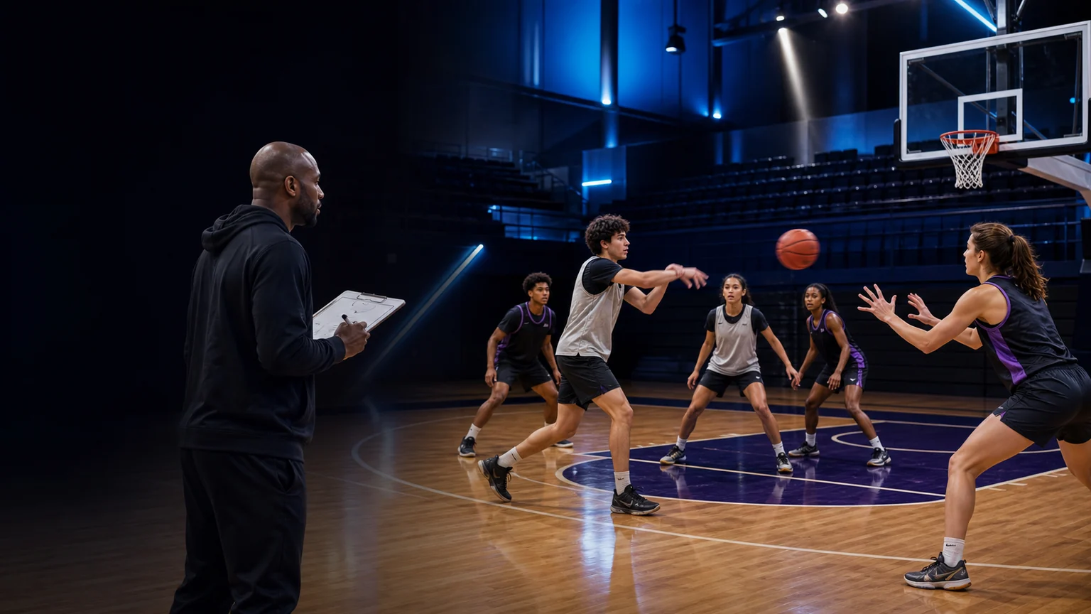 Coach directing a diverse basketball team during an organized practice