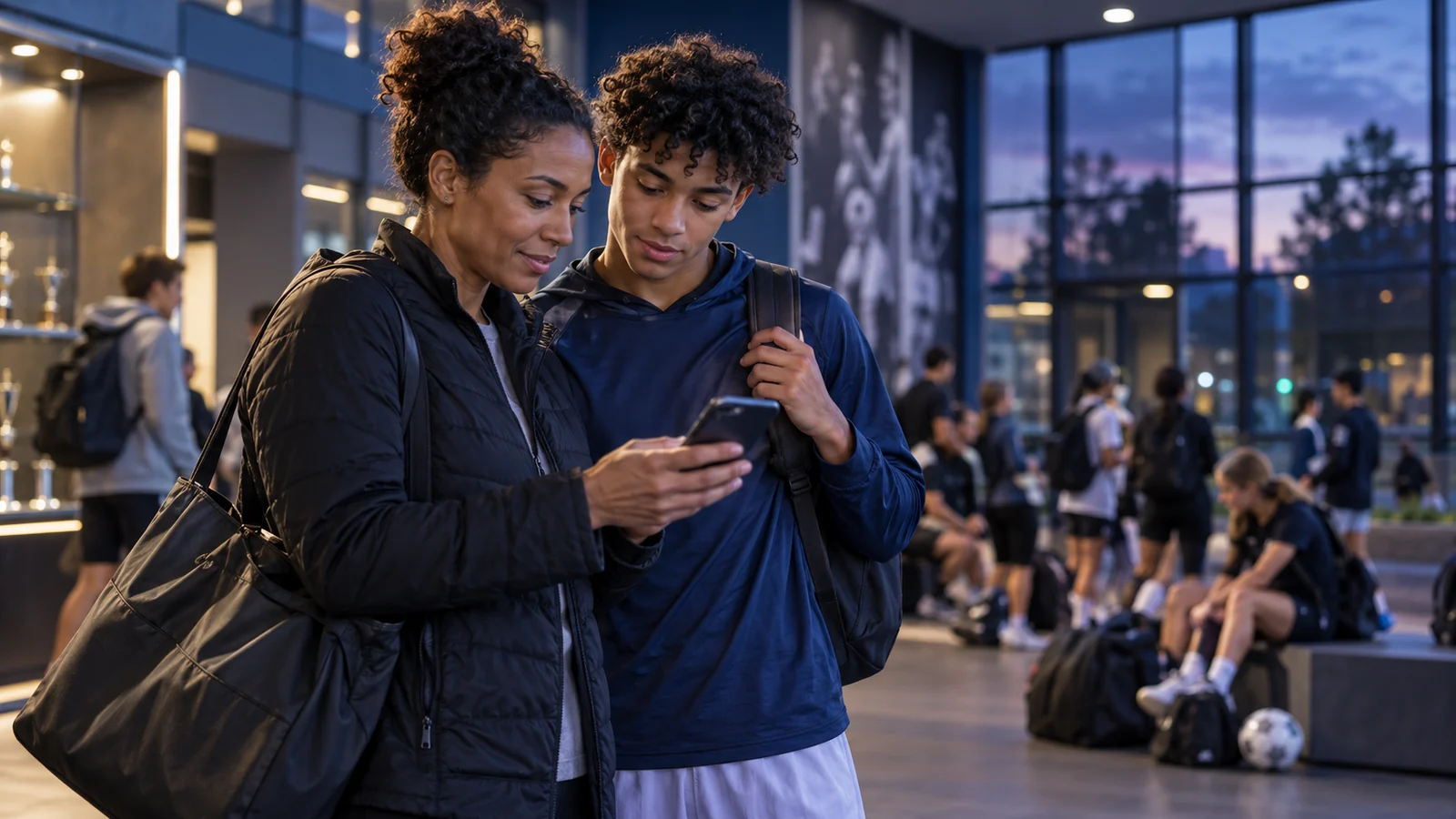Guardian and teenage athlete checking an upcoming team schedule together on a phone